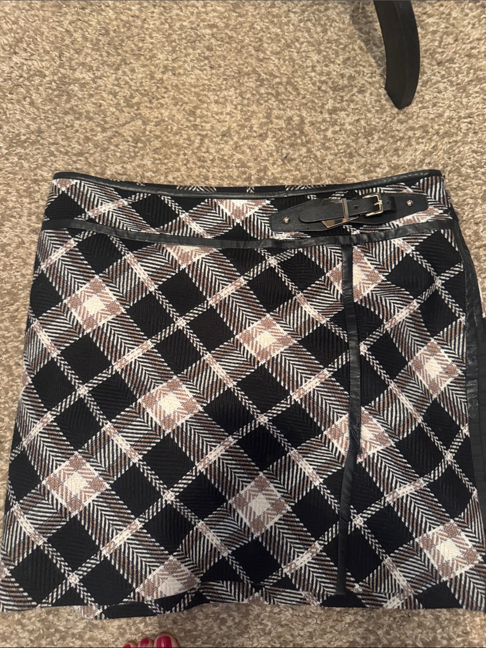 White House Black Market Black Plaid Mini Skirt with Buckle Waist